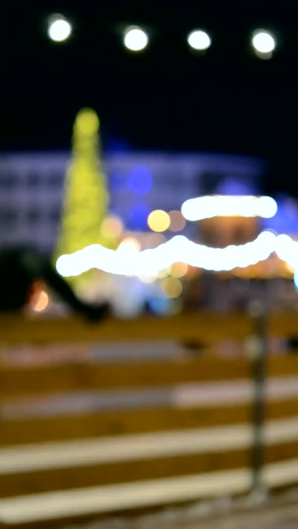 Wooden Fence Ice Skating Rink Open Air People Skating Christmas — Vídeos de Stock