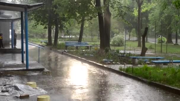 Βαριά Νεροποντή Βροχή Πέφτει Στην Πόλη Και Ήλιος Λάμπει Μια — Αρχείο Βίντεο