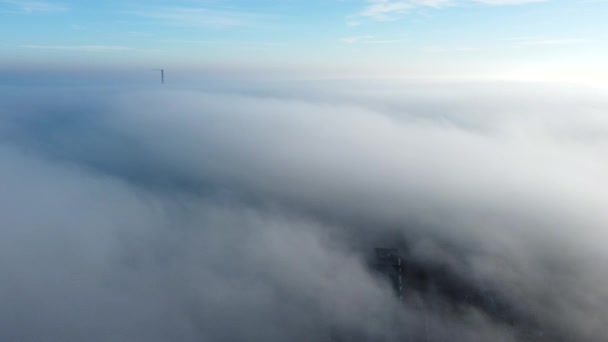 Aerial Drone View Flight Fog Mist Roofs Buildings City White — Video