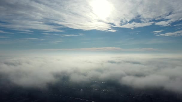 Aerial Drone View Flight Clouds Fog Mist Buildings Roof City — 图库视频影像