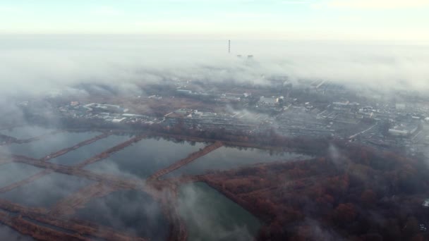 Aerial Drone View Flight Clouds Fog Mist Buildings Industrial Area — Vídeo de stock