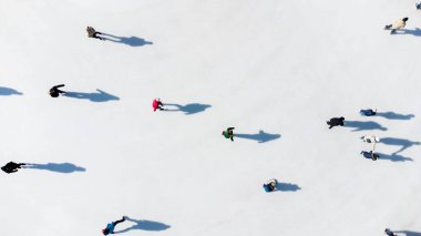 Many people are skating on a white outdoor ice rink in the city on a sunny winter day. Shadows of people skating on the surface of a white ice rink. Aerial drone view. Top view. Lifestyle, sport, rest