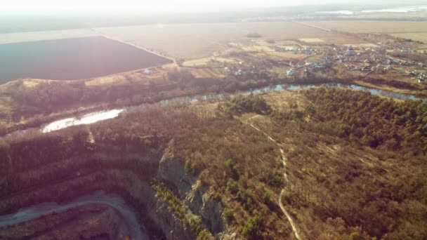 Rural Landscape Forest River Village Agricultural Land Fields Sunny Autumn — Video