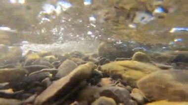 Flow of water in mountain river. View inside from below. Flowing water, mud-covered rocks stones at bottom of river and water bubbles clopse-up. Sun glare Underwater view. Beautiful natural background