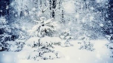 Small beautiful Christmas tree covered thick layer of snow on snowy meadow during snowfall on winter day. Snowfall fairy magic forest. New Year Christmas background. Beautiful natural background