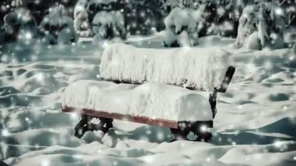 Small Beautiful Bench Covered Thick Layer Snow Snowy Meadow Snowfall — Video Stock