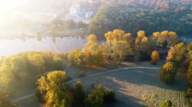 Aerial flying over trees with yellow leaves, meadow, river with morning mist an autumn sunny morning in park. Bright sunlight, shining sunbeams rays and sun overexposure. Beautiful natural background.