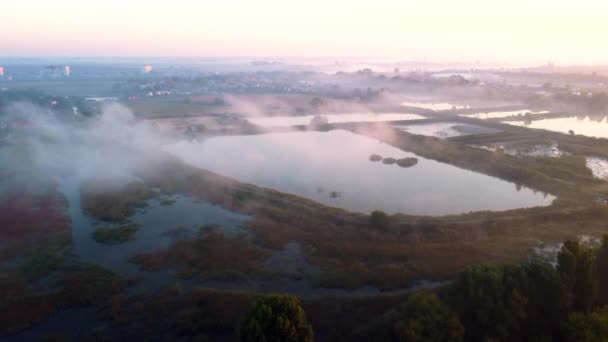 Aerial Drone View Flight Lakes Fog Them Early Summer Morning — Stockvideo