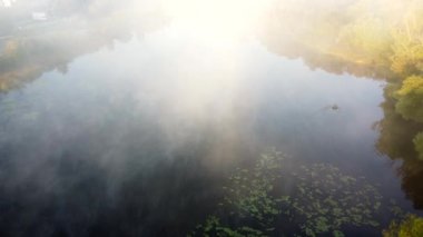 Aerial drone view flying over river with calm reflective water surface, white fog mist, forest trees on banks and man sailing on boring boat on sunny autumn morning. Beautiful natural background.
