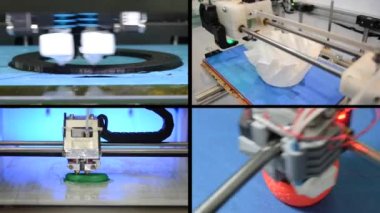 4 1'de çok sayıda nesne baskılı 3d printerlere harcama maddeler tarafından. Modelleme, ifade Fdm. Progressive modern katkı teknoloji erimiş. Kavram 4.0. Çoklu bölünmüş ekran grup video duvar kolaj montaj kompozit.