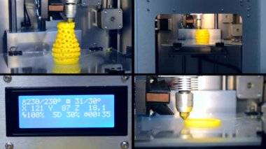 4 1'de çok sayıda nesne baskılı 3d printerlere harcama maddeler tarafından. Modelleme, ifade Fdm. Progressive modern katkı teknoloji erimiş. Kavram 4.0. Çoklu bölünmüş ekran grup video duvar kolaj montaj kompozit.