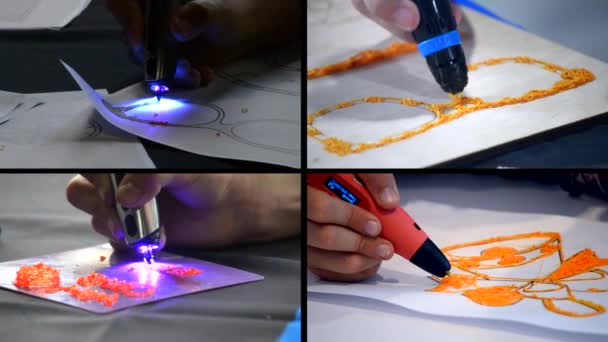 Людина Pen Дозволяє Креслити Розплавлений Пластик Закри Малювання Ручку Вимкнутим — стокове відео