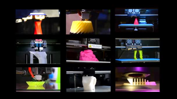 9在1多个对象打印3D 打印机 熔融沉积建模 有限元法 先进的现代添加剂技术 概念4 Multicam 分屏组视频墙拼贴画拼接复合 — 图库视频影像