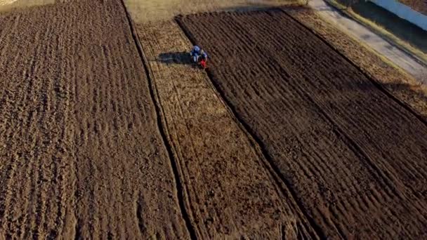 Man Tractor Digging Ground Tractor Driver Plowing Field Worker Blue — Video
