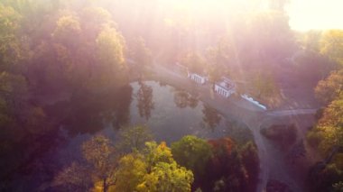 Güneşli bir sonbahar sabahında, göl üzerinde kuğular, mimari sütunlar ve sarı-yeşil yapraklı ağaçlarla hava aracı görüntüsü. Güneş ışınları, kırmızı güneş ışığı, güneşe aşırı maruz kalma. Doğal arkaplan