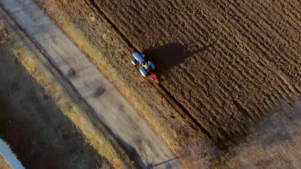 Man Tractor Digging Ground Tractor Driver Plowing Field Worker Blue — Video