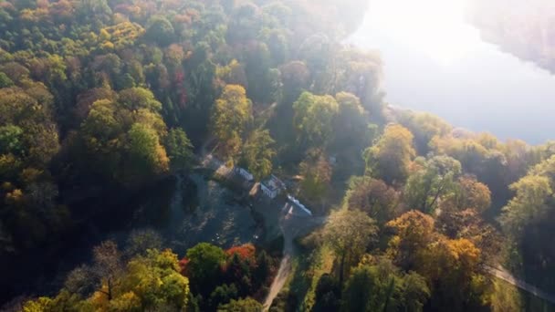 Αεροφωτογραφία Drone Πάνω Από Λίμνη Κύκνους Αρχιτεκτονικές Κολώνες Και Δέντρα — Αρχείο Βίντεο