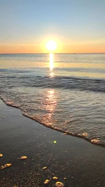 海上的黎明落日 太阳在地平线之上 平静的蓝色水面 小海浪 灿烂的太阳 无云的天空 海面上的阳光路径 太阳光 慢动作自然背景 垂直录像 — 图库视频影像