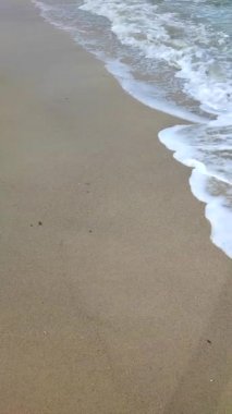 Deniz kıyısının kumlu sahilinde köpüklü deniz dalgaları yuvarlanıyor. Kum, tropikal ve egzotik sahil şeridi. Deniz dalgaları. Deniz kıyısında. Doğal arka plan. Yaz arkaplanı. Dikey video