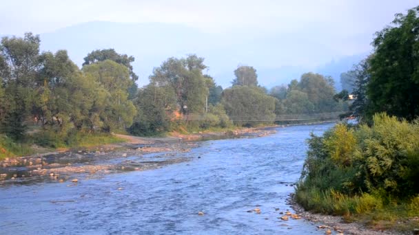 Yazın Dağlarda Geniş Sığ Bir Nehir Güneşli Bir Sabah Karpat — Stok video
