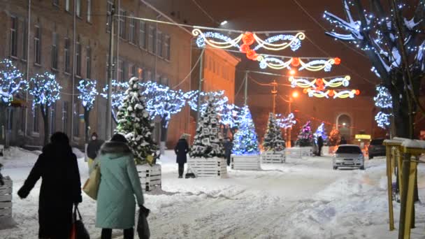 人们走在白雪覆盖的街道上 点缀着新年和圣诞节的彩灯 — 图库视频影像