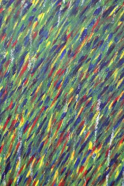 Creative background of colorful brush strokes on canvas closeup. Abstract art background from smeared brush strokes of green red blue yellow colors macro. Drawing painting paint texture backdrop