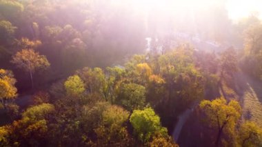 Hava aracı sarı yapraklı ağaçları, antik mimarisi olan bir gölü, güneşli bir sonbahar gününde parlak bir güneşi ve güneş ışınlarını görüyor. Halk parkı. Sonbahar güneşli manzarası. Kamera Yükseltiliyor