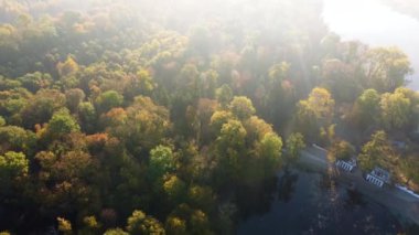 Ağaçların üzerinde yavaş bir uçuş ve güneşli bir sabahta sonbahar parkında beyaz sütunlarla göl manzarası. Halk parkında yürüyen insanlar. Güneş ağaçların dalları arasından ışıl ışıl parlıyor. Peyzaj