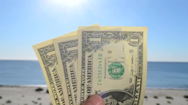 Человек Тремя Долларовыми Банкнотами Руке Фоне Моря Песчаного Пляжа Голубого — стоковое видео