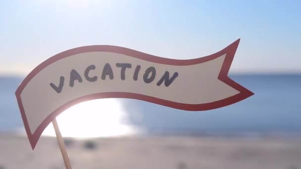 Stick Paper Speech Bubble Words Vacation Background Sea Sky Sandy — Stock Video