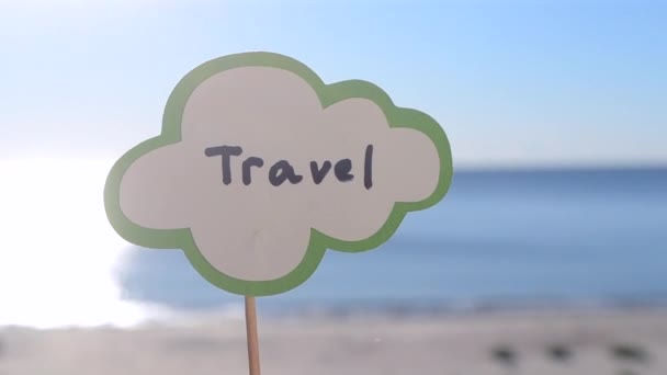 Stick Paper Speech Bubble Words Travel Background Blue Sea Sky — Stock Video