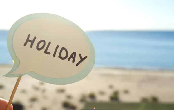 Stick Paper Speech Bubble Words Holiday Background Blue Sea Sky — Stock Photo, Image