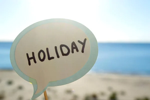 Plak Met Papier Spraak Zeepbel Met Woorden Vakantie Achtergrond Blauwe — Stockfoto