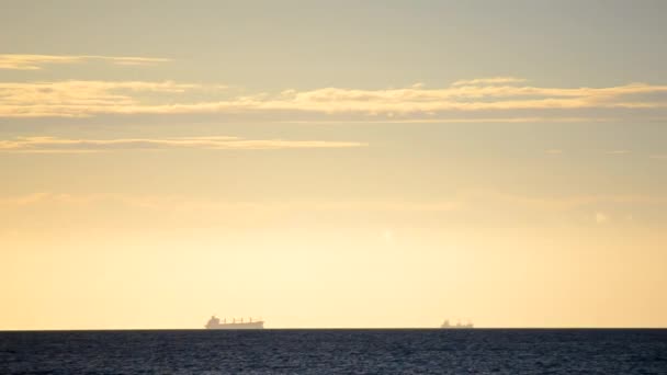 Tijdsverloop Silhouet Van Tankers Van Graandragers Skyline Zee Snel Bewegende — Stockvideo