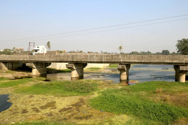 Άποψη Τοπίου Τσιμεντένιας Γέφυρας Στο Ποτάμι Και Άλγης Στο Νερό — Φωτογραφία Αρχείου