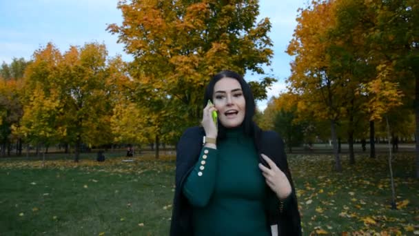 Bella giovane donna bruna che cammina nel parco autunnale e parla — Video Stock