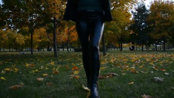 Vorderansicht der langen Beine einer Frau in schwarzer Lederhose beim Gehen — Stockvideo