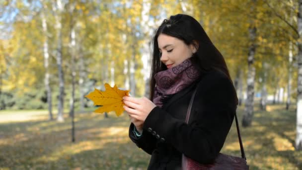 Krásná mladá brunetka žena píše zprávu pro sociální sítě v podzimním městě — Stock video