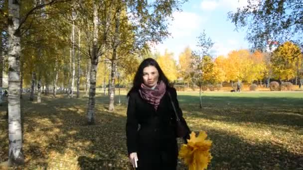Hermosa chica caminando en el parque de otoño — Vídeo de stock