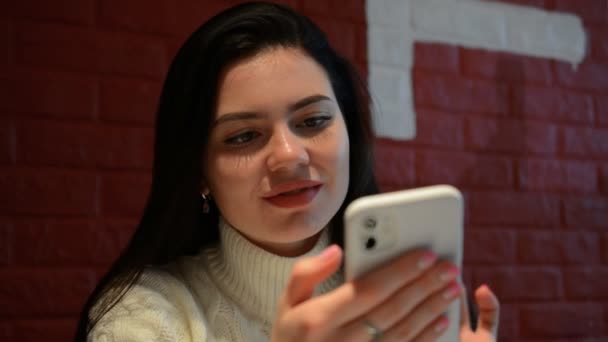Mutlu iş kadını portresi cep telefonunda başarılar — Stok video