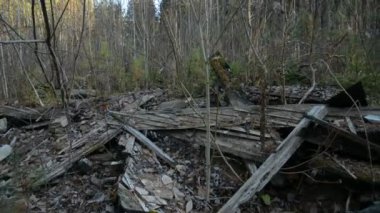 Kıyamet ya da felaket konsepti, ahşap bir binanın kalıntıları.