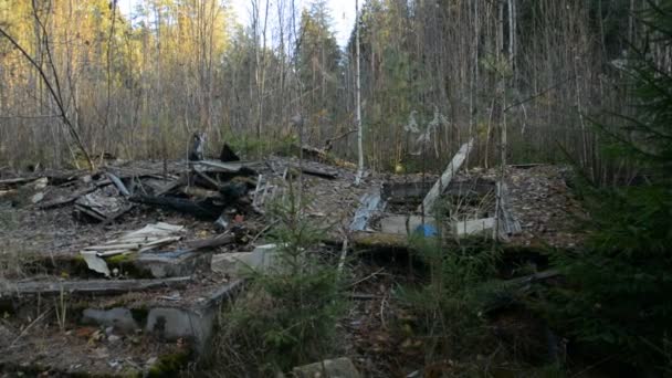 Apokalyps eller katastrof koncept, ruinerna av en träbyggnad — Stockvideo