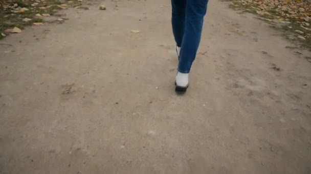 Rear view of a girl in warm clothes walks through the streets — Stock Video