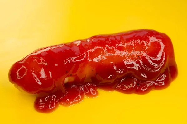 Sausage Ketchup Yellow Background Close — Stock Photo, Image