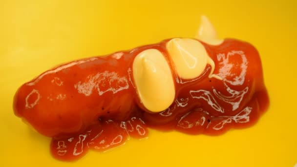 Salsicha frita com ketchup e maionese — Vídeo de Stock