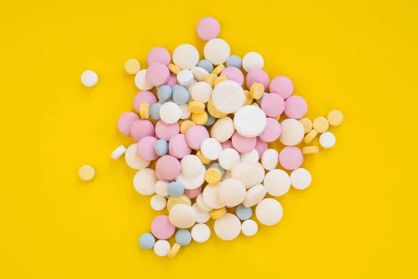 Colored Pills Toothache Minstrual Pain Yellow Background — Zdjęcie stockowe