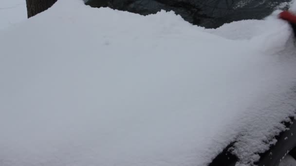 Brushing Snow Car Hood Preparing Driving Vehicle Snowfall — Wideo stockowe