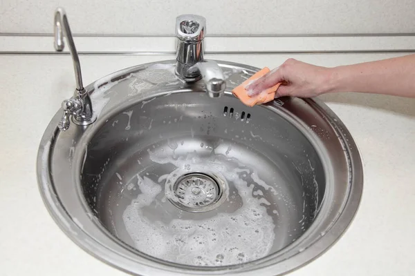Cleaning Kitchen White Woman Hand Washes Built Metal Sink Orange — Stock Photo, Image