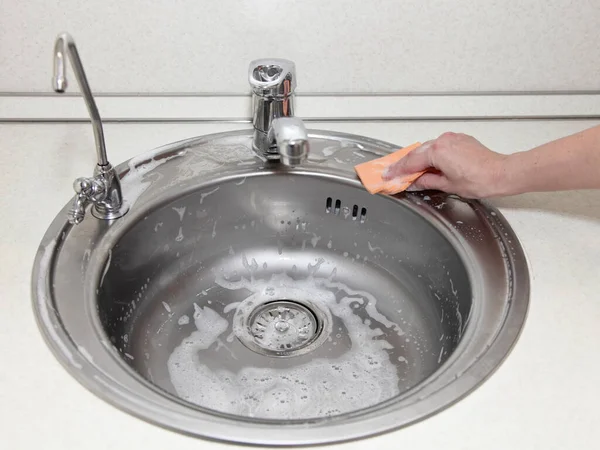Washing Gray Kitchen Stainless Steel Sink Sponge White Female Hands — Stock Photo, Image
