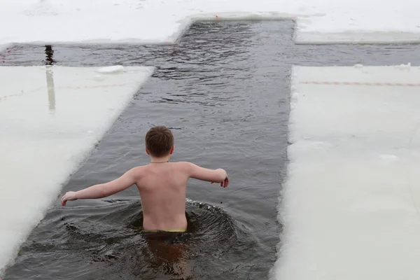 One Caucasian Believer Kid Boy Bathes Icy Water Ice Hole — Stock Photo, Image